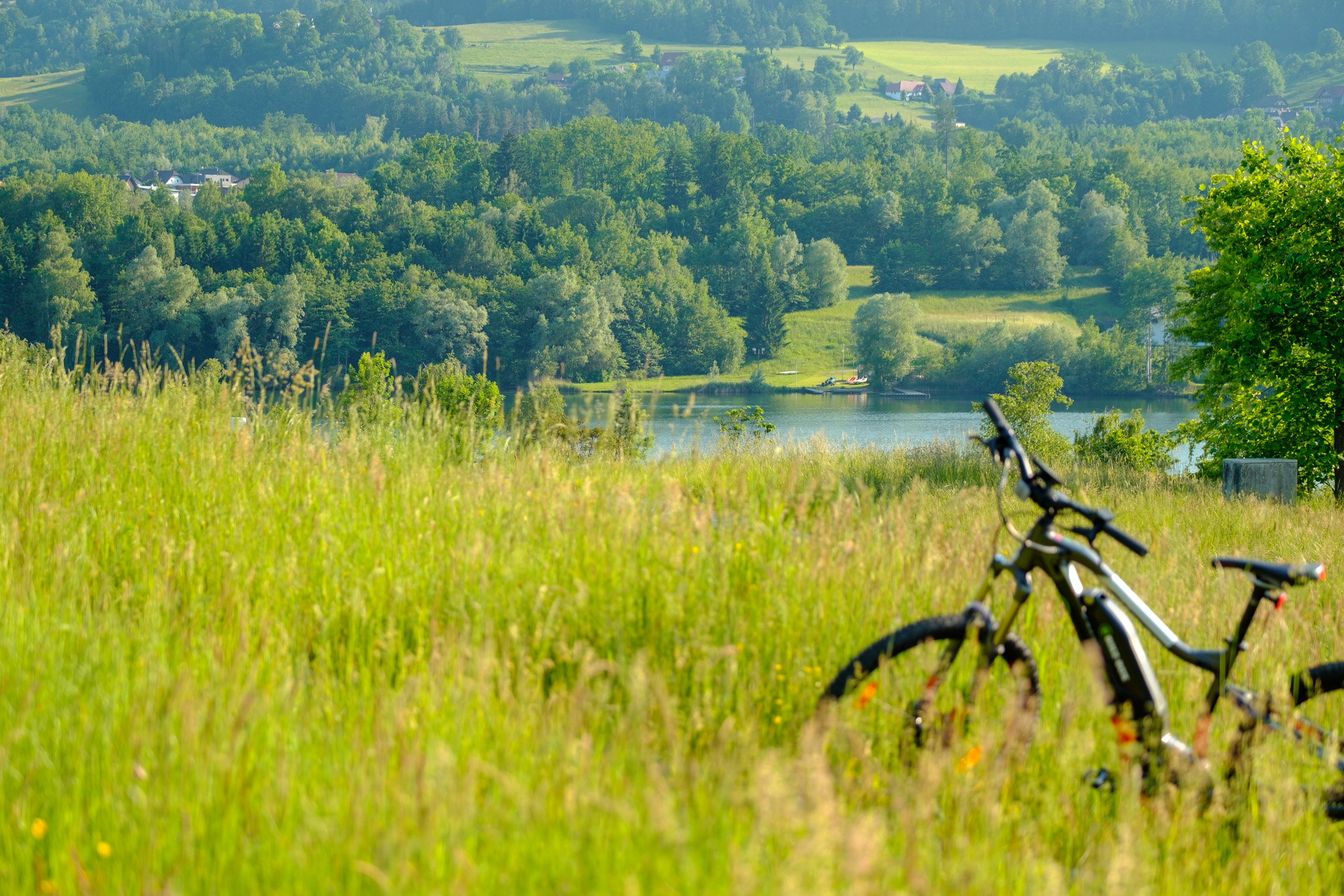 Ihr seht ein Fahrrad in malerischer Landschaft mit Blick auf den Pibersteinsee im JUFA Hotel Lipizzanerheimat***. Der Ort für erlebnisreichen Natururlaub für die ganze Familie.
